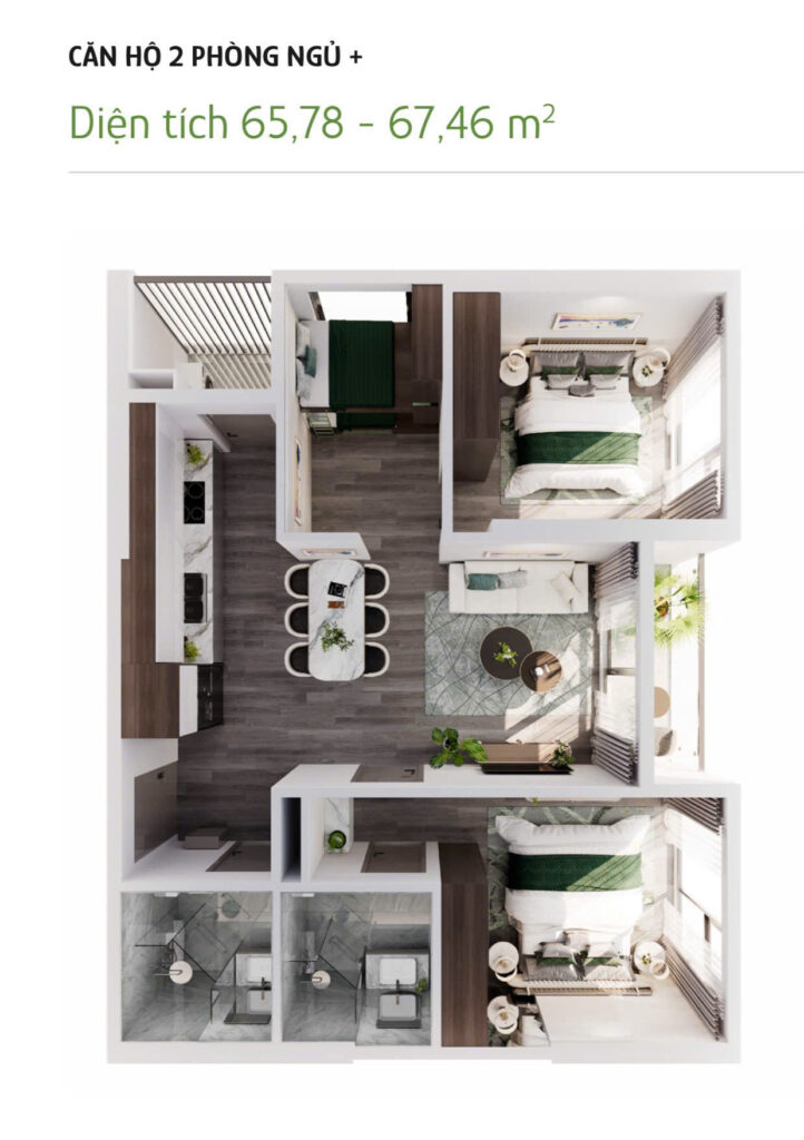 Thiết kế căn hộ 2PN+1 Imperia Ocean City - The Parkland