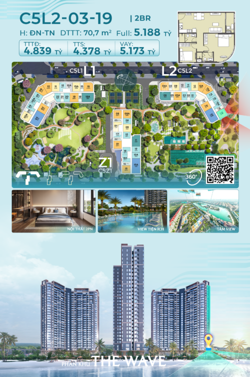 Căn hộ 2PN Masteri Grand Coast C5L2-03-19 ban công Đông Nam view nội khu