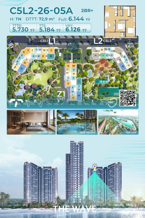 Căn Hộ 2PN+ Masteri Grand Coast 72,9m² View Nội Khu Chỉ Từ 5,184 Tỷ